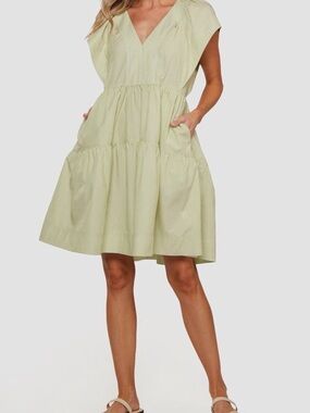 matty m Keely Short Sleeve 100% Cotton Tiered Dress - Green Striped - XL